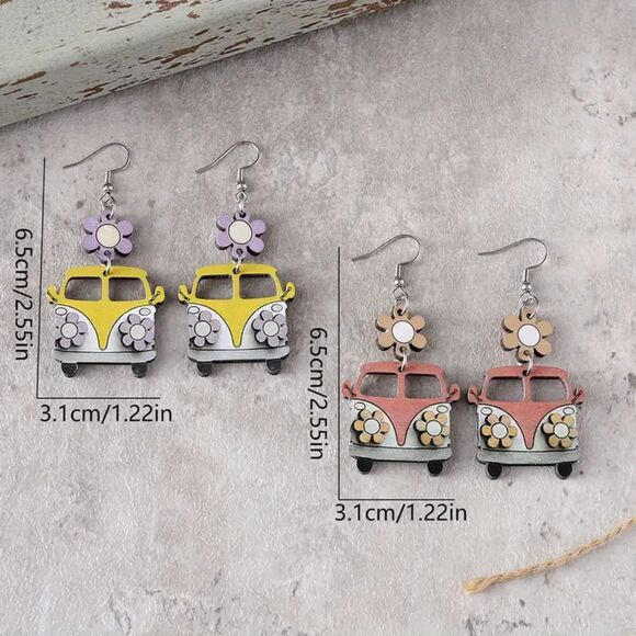 NIB- 2 sets ADORABLE VW Bus Earrings Hippie fun 60's retro Pink & yellow Cuties - Picture 5 of 5